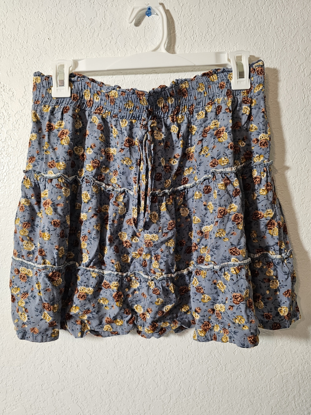 Blue Floral Tiered Skater Skirt with Yellow & Brown Accents